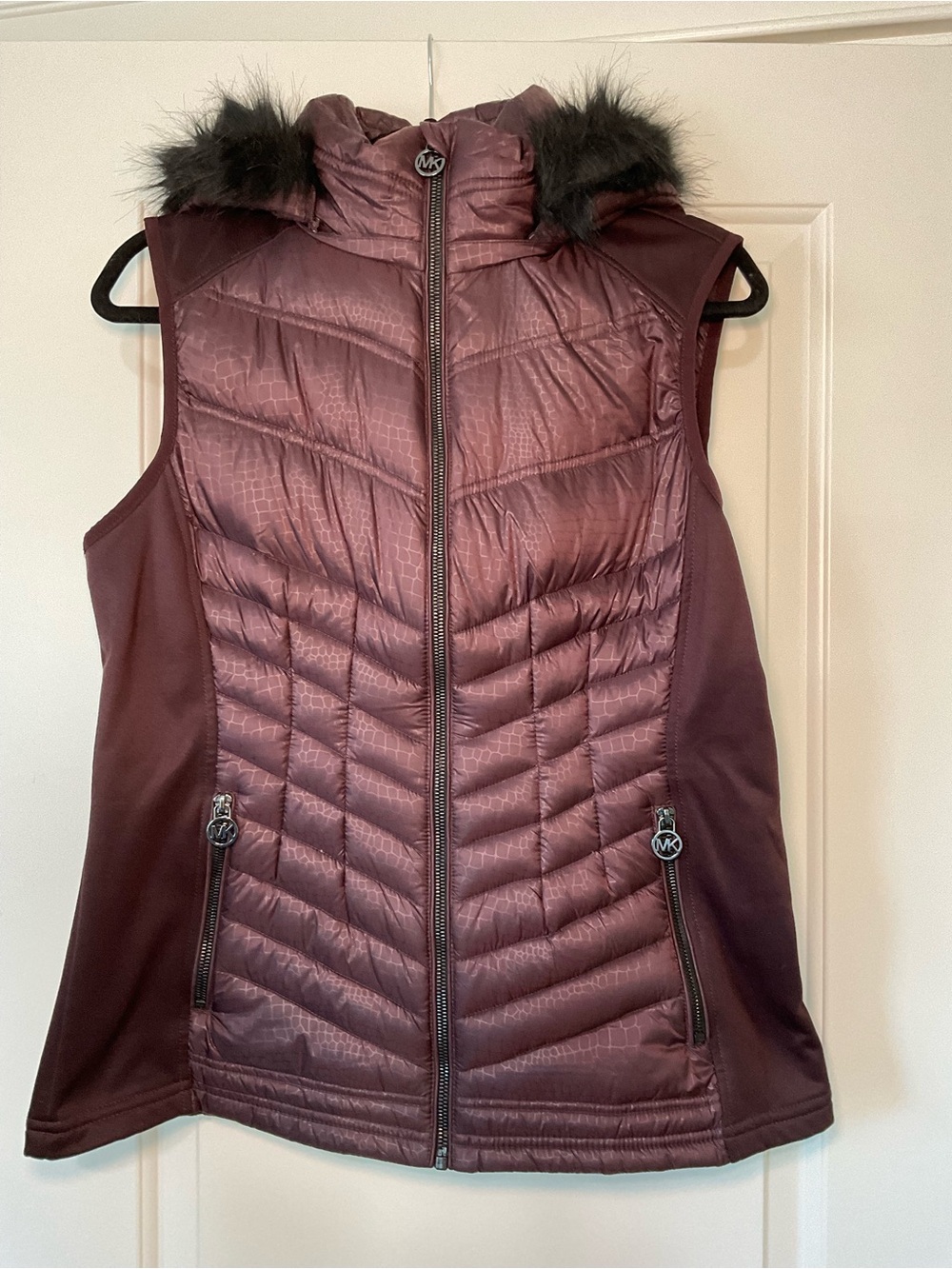 Michael Kors Quilted Hooded Vest in Deep Burgundy with Fur Trim